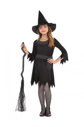 Siyah Elbiseli Siyah Şapkalı Çocuk Cadı Kostümü