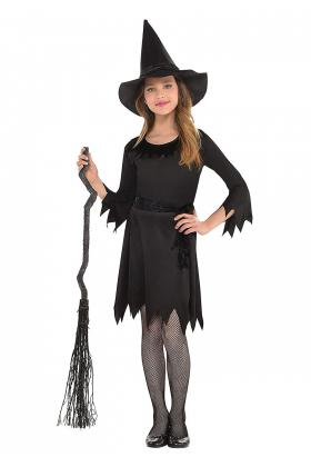 Siyah Elbiseli Siyah Cadı Şapkalı Cadı Kostümü 11-12 Yaş