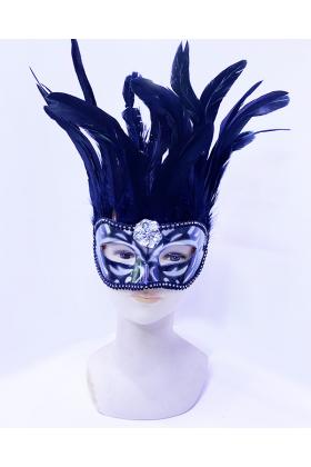 Siyah Renk Ekstra Bol Kuş Tüylü Gümüş Dantelli Venedik Maskesi 30x19 cm