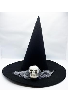 Siyah Renk Gri Duvaklı Kuru Kafa Temalı Cadı Şapkası 35x38 cm