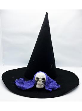 Siyah Renk Mavi Duvaklı Kuru Kafa Temalı Cadı Şapkası 35x38 cm