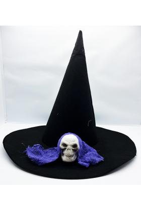 Siyah Renk Mavi Duvaklı Kuru Kafa Temalı Cadı Şapkası 35x38 cm