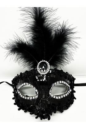 Siyah Renk Payetli Pullu Tüylü Parti Maskesi 17x20 cm