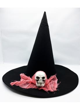 Siyah Renk Pembe Duvaklı Kuru Kafa Temalı Cadı Şapkası 35x38 cm