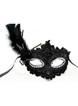 Siyah Renk Yandan Tüylü Dantel Parti Maskesi 20x20 cm