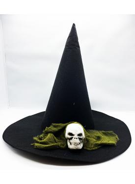 Siyah Renk Yeşil Duvaklı Kuru Kafa Temalı Cadı Şapkası 35x38 cm
