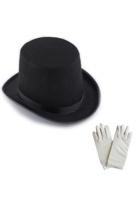 Siyah Sihirbaz Fötr Şapka PM - 1 Çift Beyaz Sihirbaz Eldiveni - Yetişkin Boy