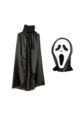 Siyah Yakalı Yetişkin 120 cm Pelerin ve Çığlık Scream Maske Kostüm Seti