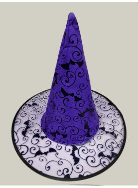 Siyah Yarasa Baskılı Mor Renk Cadı Şapkası 38x22 cm