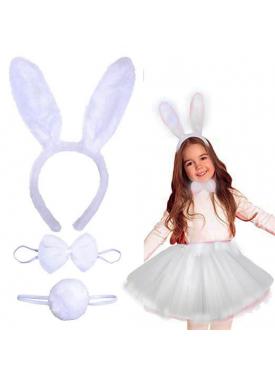 Tavşan Tacı Eteği Papyonu ve Kuyruk Kostüm Seti Beyaz Renk Çocuk Boy