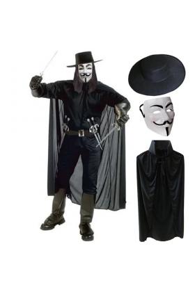 V For Vendetta Maskesi Şapkası ve Pelerin Kostüm Seti Yetişkin Boy