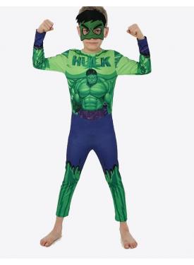 Yeşil Maskeli Baskılı Hulk Kostümü Çocuk Boy - Yeşil Dev Kostümü 11-12 Yaş