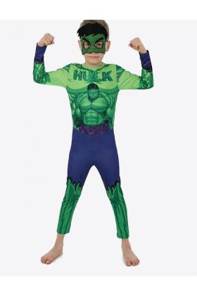 Yeşil Maskeli Baskılı Hulk Kostümü Çocuk Boy - Yeşil Dev Kostümü 11-12 Yaş