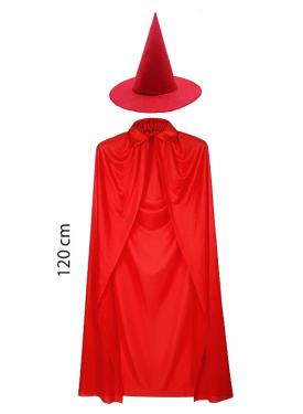 Yetişkin Boy 120 cm Kırmızı Yakalı Pelerin ve Kırmızı Cadı Şapkası
