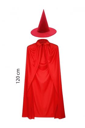 Yetişkin Boy 120 cm Kırmızı Yakalı Pelerin ve Kırmızı Cadı Şapkası
