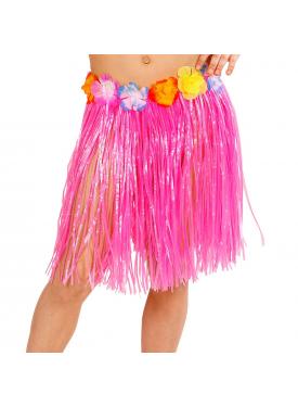 Yetişkin ve Çocuk Uyumlu Pembe Renk Püsküllü Hawaii Luau Hula Etek 40 cm