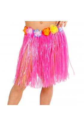 Yetişkin ve Çocuk Uyumlu Pembe Renk Püsküllü Hawaii Luau Hula Etek 40 cm