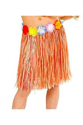 Yetişkin ve Çocuk Uyumlu Turuncu Renk Püsküllü Hawaii Luau Hula Etek 40 cm