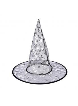 Balkabağı Figürlü Cadı Temalı Baskılı Gümüş Renk Halloween Cadı Şapkası