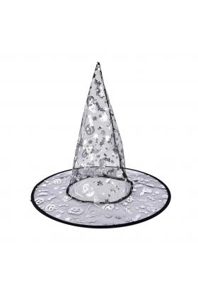 Balkabağı Figürlü Cadı Temalı Baskılı Gümüş Renk Halloween Cadı Şapkası
