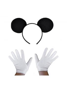 Siyah Mickey Mouse Tacı ve Beyaz Eldiven Seti