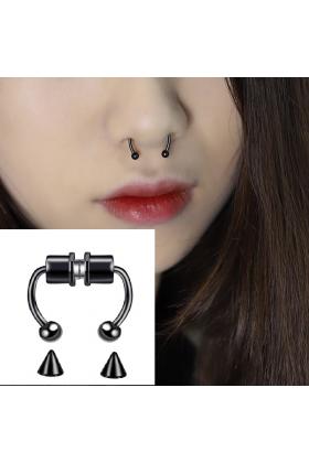 Siyah Mıknatıslı Fake Burun Piercing -Top Ve Ok Uçlu Paslanmaz Septum Deliksiz Pirsing